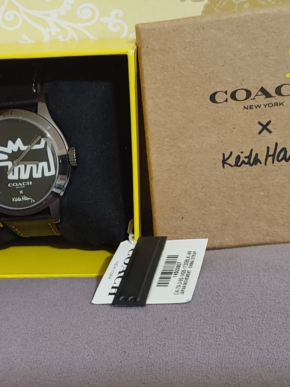 Coach × Keith Haring Graphic Watch with Dark Brown Leather Strap